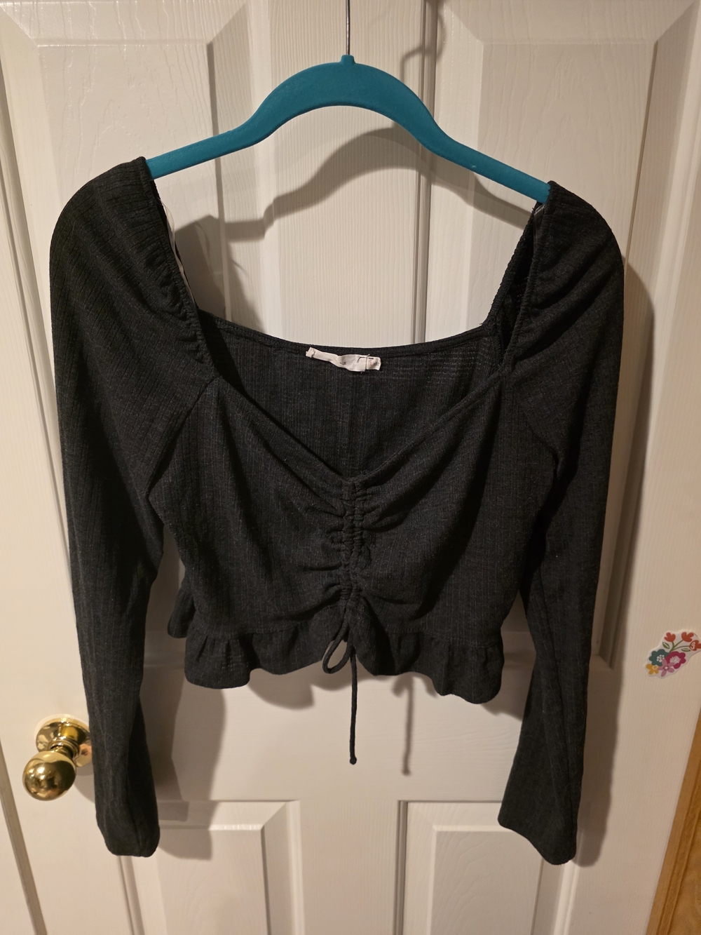 Lush Black Ribbed Drawstring Long-Sleeve Crop Top